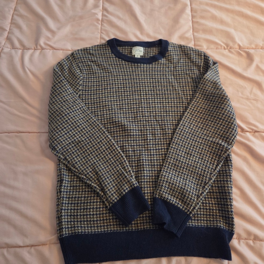 J.Crew Rugged Merino Wool Houndstooth Crewneck Sweater Mens Medium Navy Tan